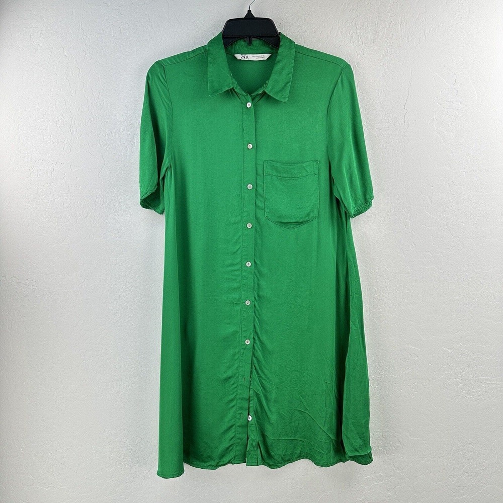 ZARA Green Satin Button-Up Shirt Dress Collar Short Sleeves‎ Mini Viscose Size S